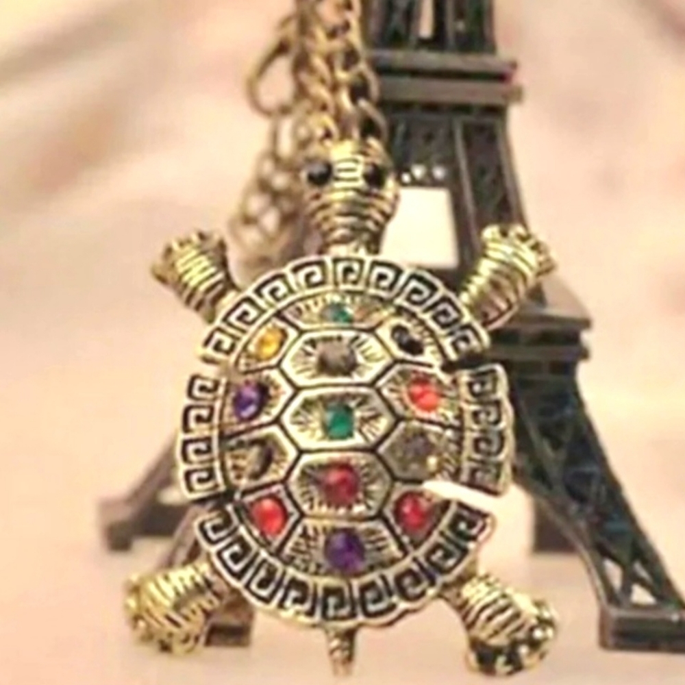 TURTLE Bronze & Colorful Rainbow Crystals Rhinestone Long Sweater Chain Necklace - Picture 6 of 9